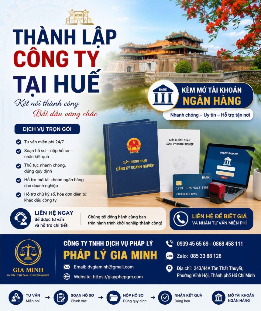 Thành lập công ty tại Huế kèm mở tài khoản ngân hàng